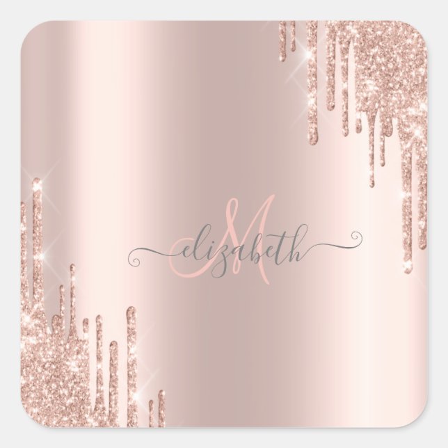 Modern Glitter Drips Rose Gold Monogram   Square Sticker (Front)