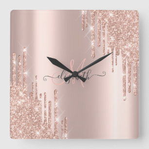 Modern Glitter Drips Rose Gold Monogram Square Wall Clock