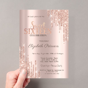 Modern Glitter Drips Rose Gold  Sweet 16 Acrylic Invitations