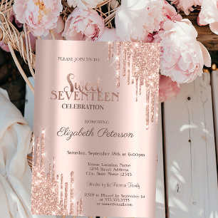 Modern Glitter Drips Rose Gold Sweet 17 Birthday Invitation