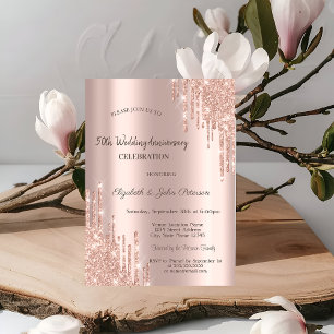 Modern Glitter Drips Rose Gold Wedding Anniversary Invitation