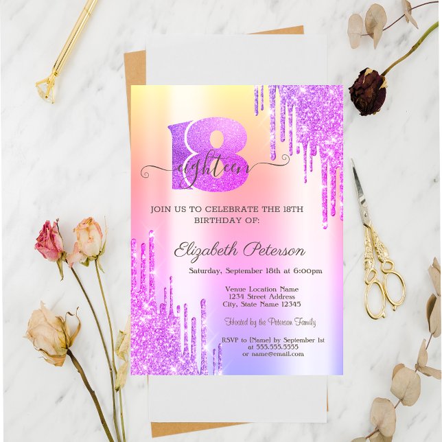 Modern Glitter Drips Violet 18th Birthday  Invitation (Creator Uploaded)