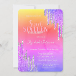 Modern Glitter Drips Violet Ombre Sweet 16 Invitation