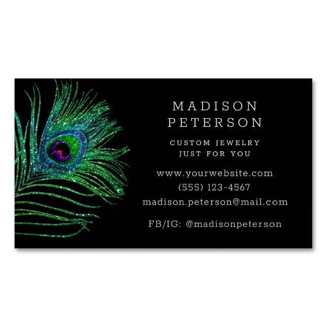 Modern Glitter Feather Jewellery Stylist Hairdress Magnetic Business Card (Front)