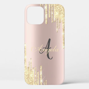 Modern Glitter Gold Drips Rose Gold,Monogram iPhone 12 Case