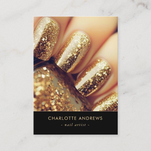 Modern Glitter Gold Marble Salon Nail Business Card (Front)