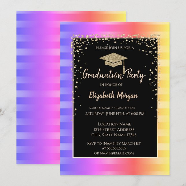 Modern Glitter Graduation Cap,Ombre Stripes Invitation (Front/Back)