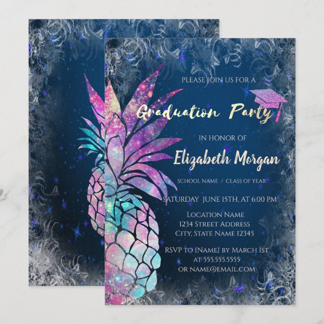 Modern Glitter Graduation Cap, Pineapple Invitation (Front/Back)