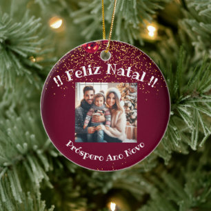 Modern Glitter Lettering Christmas Feliz Natal Ceramic Ornament
