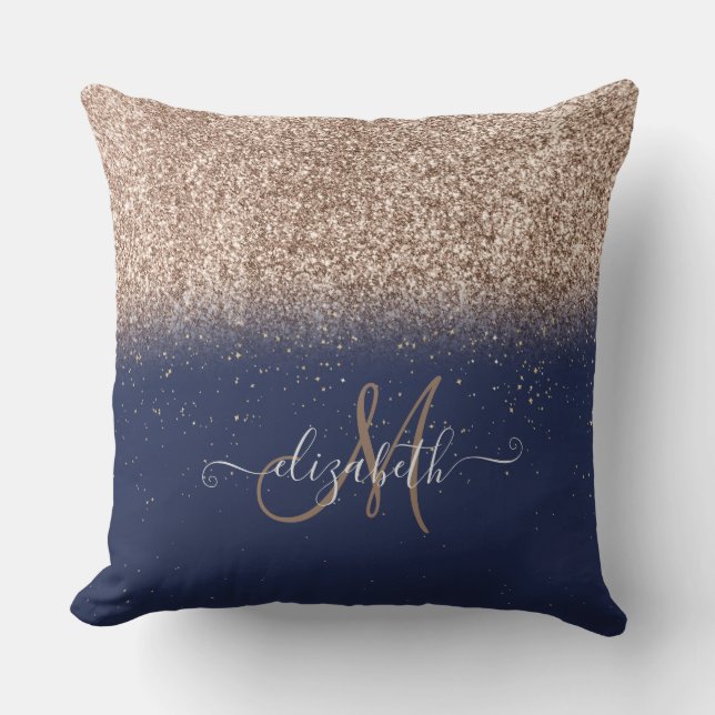 Modern Glitter Ombre  Monogram Navy Blue  Throw Pillow (Front)