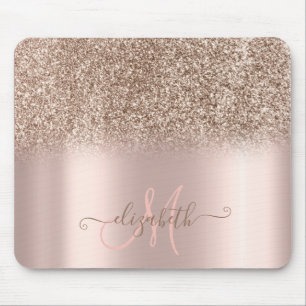 Modern Glitter Ombre Rose Gold Monogram Mouse Pad