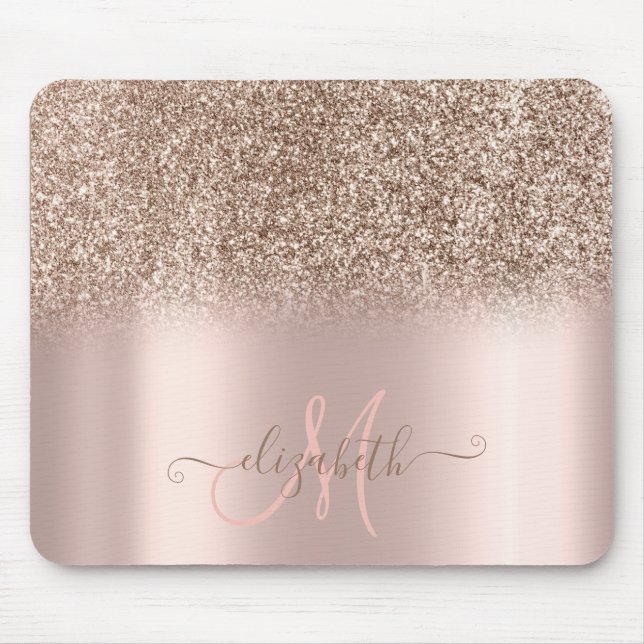 Modern Glitter Ombre Rose Gold Monogram Mouse Pad (Front)