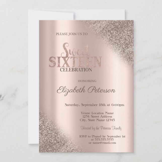 Modern Glitter Ombre Rose Gold  Sweet 16 Invitation (Front)
