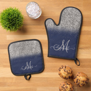 Modern Glitter Ombre Silver Monogram Navy Blue Oven Mitt & Pot Holder Set