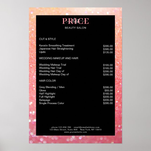 Modern Glitter Peach Coral Price List Poster (Front)