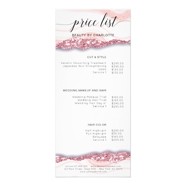 Modern, glitter, pink-white price list rack card (Front)