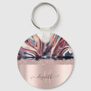 Modern Glitter Rose Gold Monogram Abstract Keychain