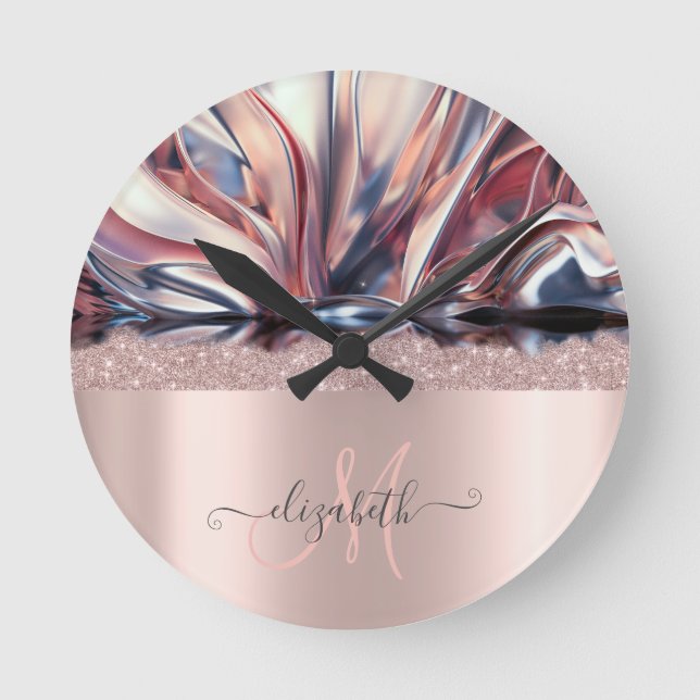 Modern Glitter Rose Gold Monogram Abstract   Round Clock (Front)