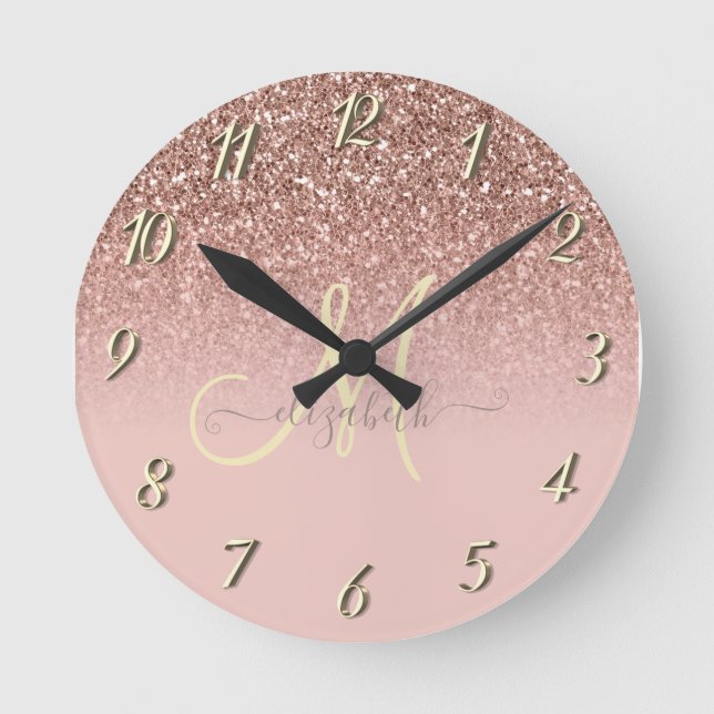 Modern Glitter Sequin Ombre Rose Gold Monogram  Round Clock (Front)