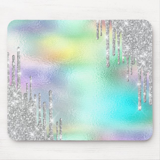 Modern Glitter Silver Drips Holographic Mouse Pad (Front)