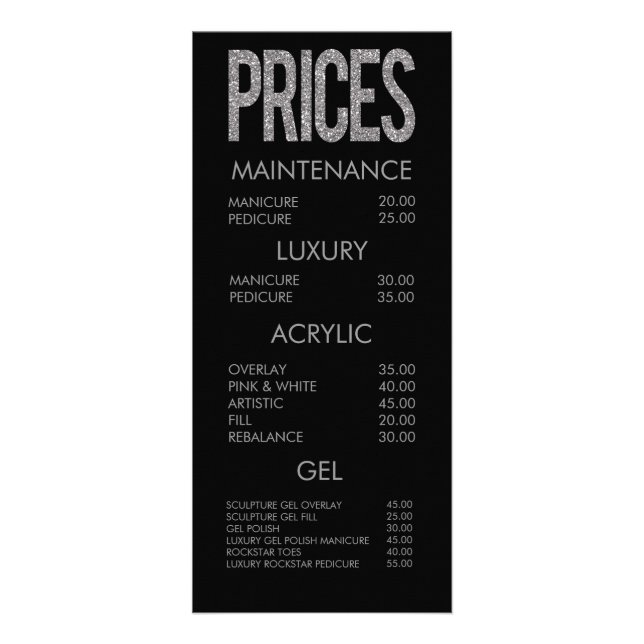 Modern Glitter Typography Salon Menu Cards (Front)