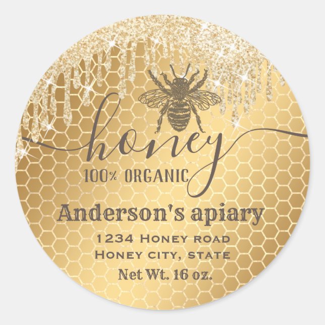 Modern glittery drips honey bee  script honey jar classic round sticker (Front)