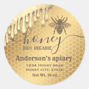 Modern glittery drips honey bee script honey jar classic round sticker