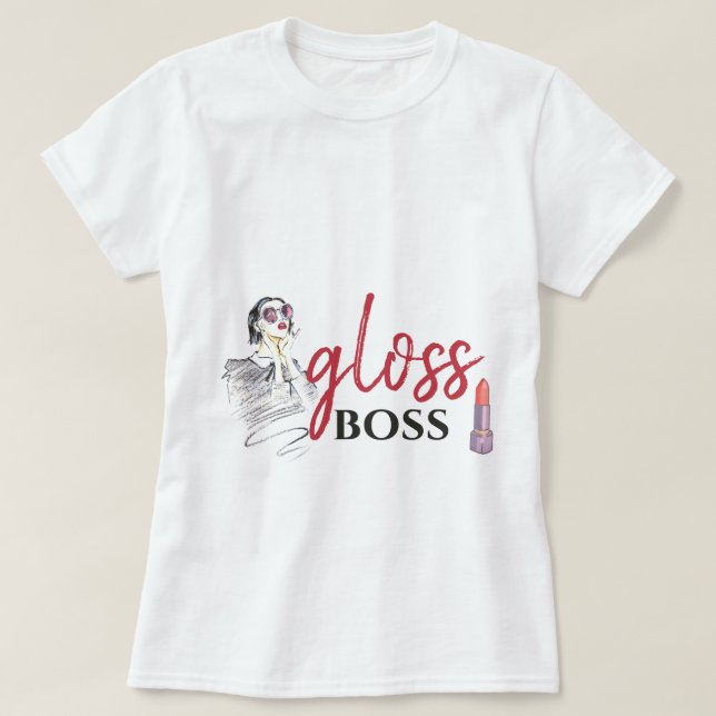 Modern Gloss Boss Girl Black Red Funny World Art T-Shirt (Design Front)
