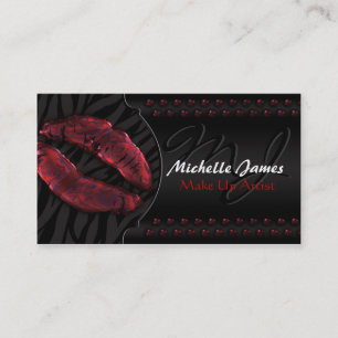 Modern Glossy Lips Zebra Monogram Make Up Artist Business Card