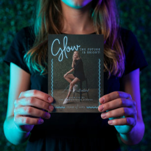Modern Glow Script Blue Neon Wavy Graduate Photo Announcement