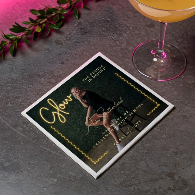 Modern Glow Script Yellow Neon Wavy Graduate Photo Napkin (Modern Glow Script Yellow Neon Wavy Graduate Photo Napkins)