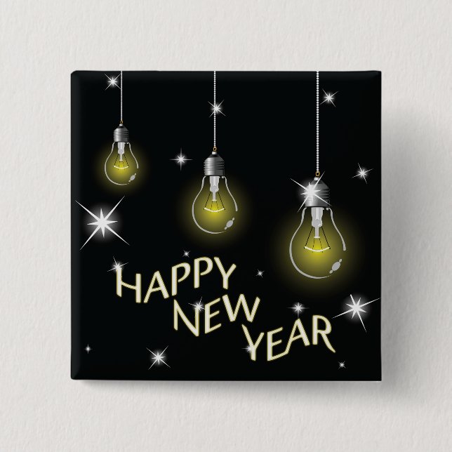 Modern Glowing Light Bulbs Happy New Year 2 Inch Square Button (Front)