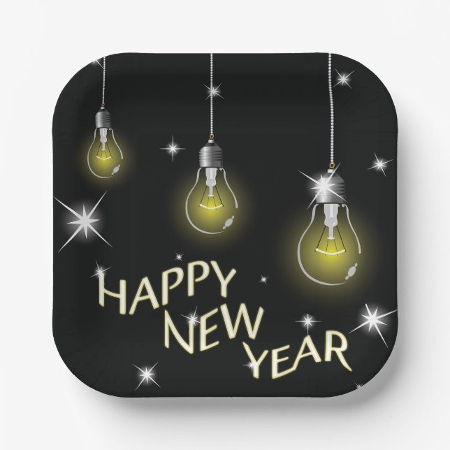 Modern Glowing Light Bulbs Happy New Year Paper Plate (Front)