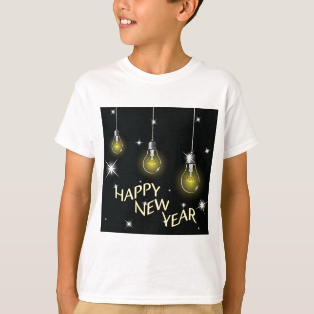 Modern Glowing Light Bulbs Happy New Year T-Shirt (Front)
