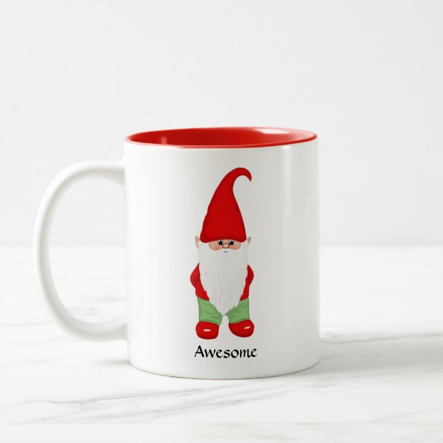 Modern Gnome Dressed in Green and Red Two-Tone Coffee Mug (Left)