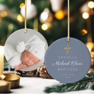 Modern God Bless Cross  Boy Baptism Ceramic Ornament