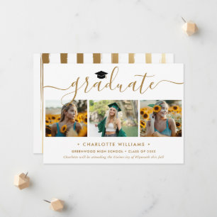 Modern Gold 3 Photo Collage Script Graduation Announcement