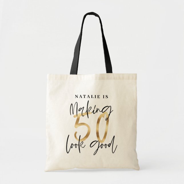 Modern gold 50th birthday personalized chic tote bag (Front)