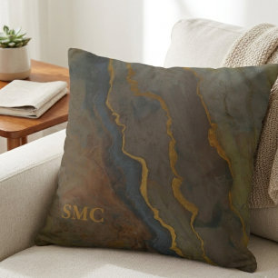 Modern Gold Abstract Marble Monogram Throw Pillow