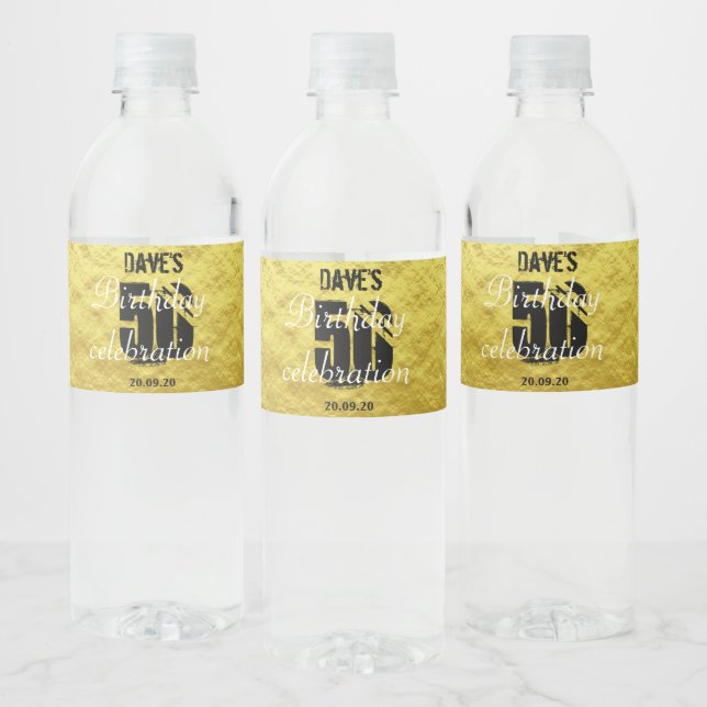 Modern Gold and Black 50th Any Age Birthday Water Bottle Label (Bottles)