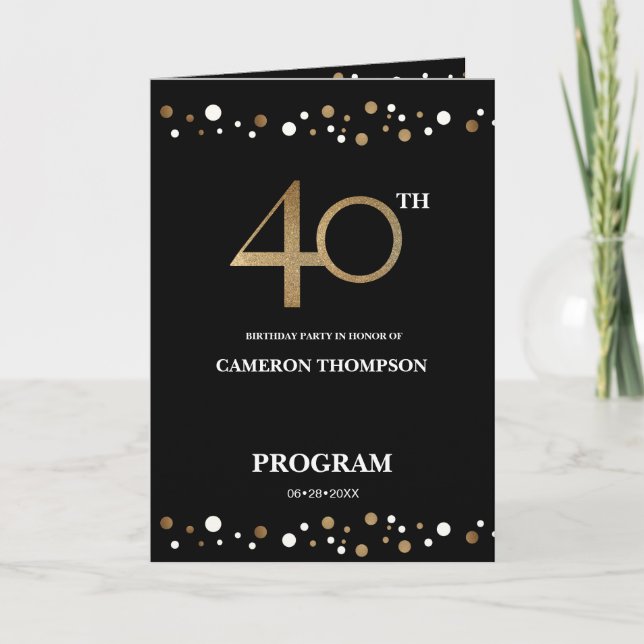 Modern Gold and Black Confetti 40th birthday Program (Front)