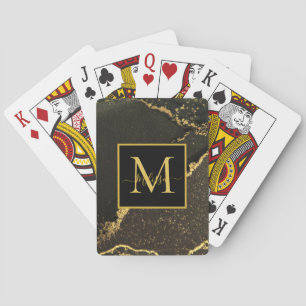 Modern Gold and Black Marbled Monogram Playing Cards