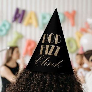 Modern Gold and Black Party Pop Fizz Clink Party Hat