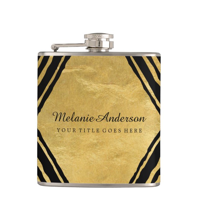 Modern Gold and Black Personalized Flask (Front)