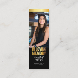 Modern Gold and Black Photo Funeral Bookmark Mini Business Card