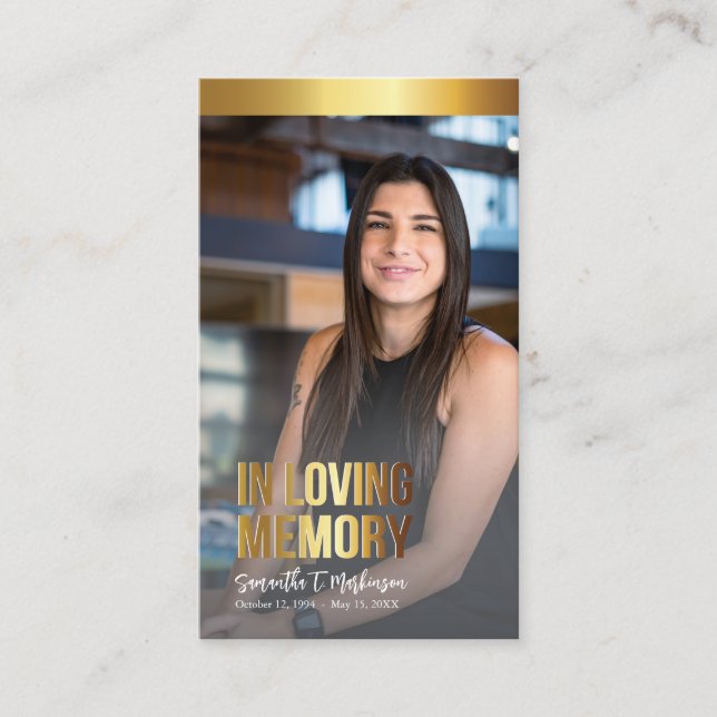 Modern Gold and Black Photo Funeral Prayer Card (Front)