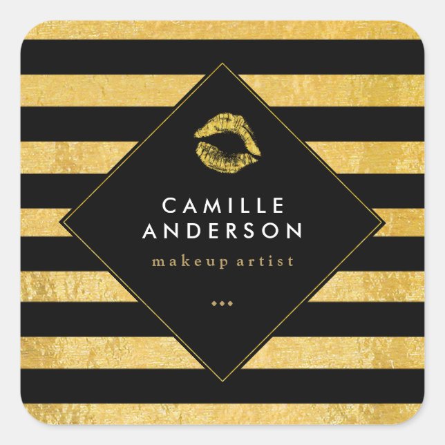 Modern Gold and Black Stripes with Faux Gold Lips Square Sticker (Front)