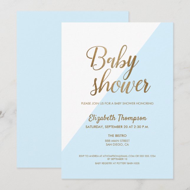 Modern Gold and Blue Baby Boy Shower Invitation Ca (Front/Back)