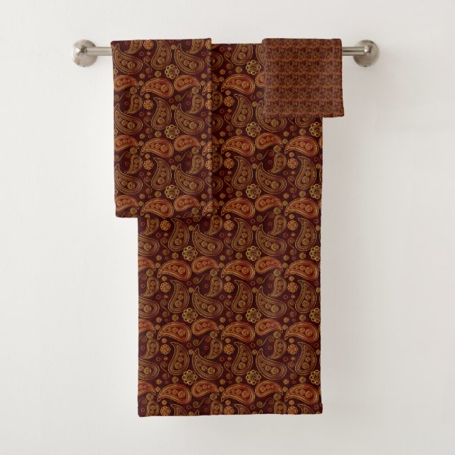 Modern Gold and Bronze Paisley Pattern Bath Towel Set (Insitu)