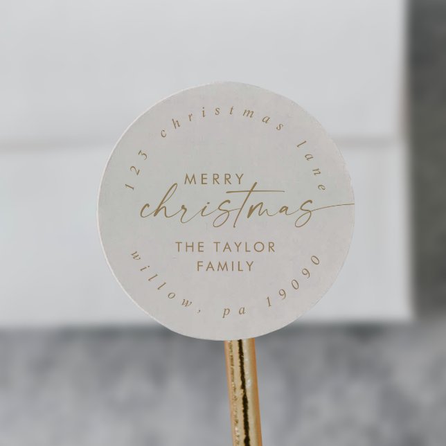 Modern | Gold and Cream Christmas Circular Address Classic Round Sticker (Creator Uploaded)
